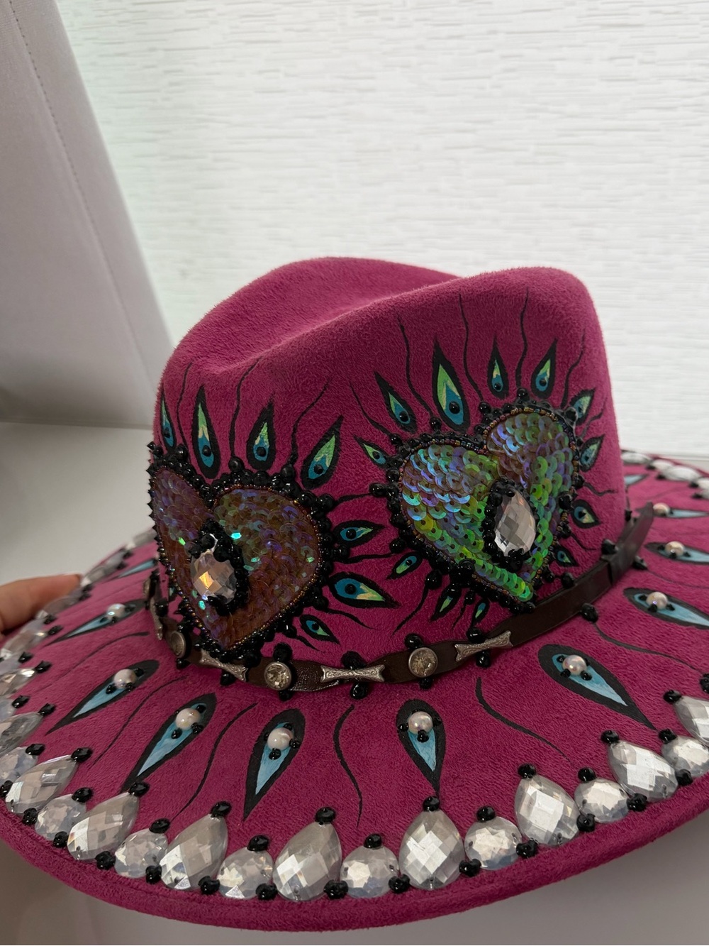 Women's Embellished Fuchsia Felt Hat with Heart Sequin Detail
